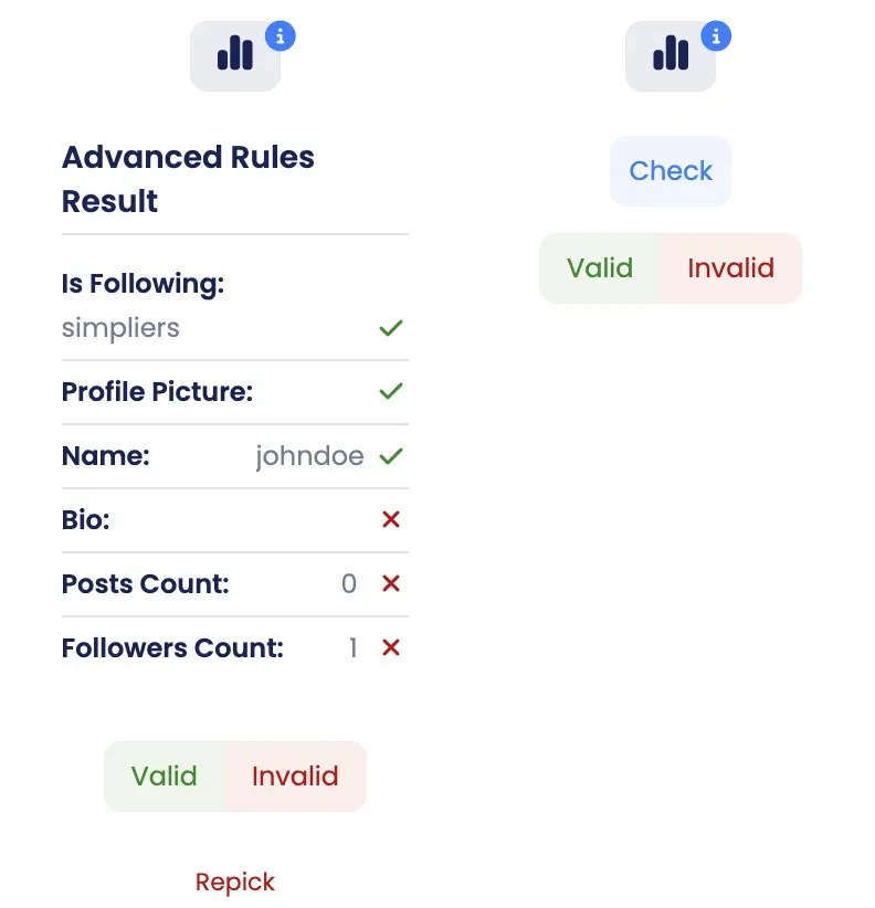 The follower check results on the winner's card on the result page